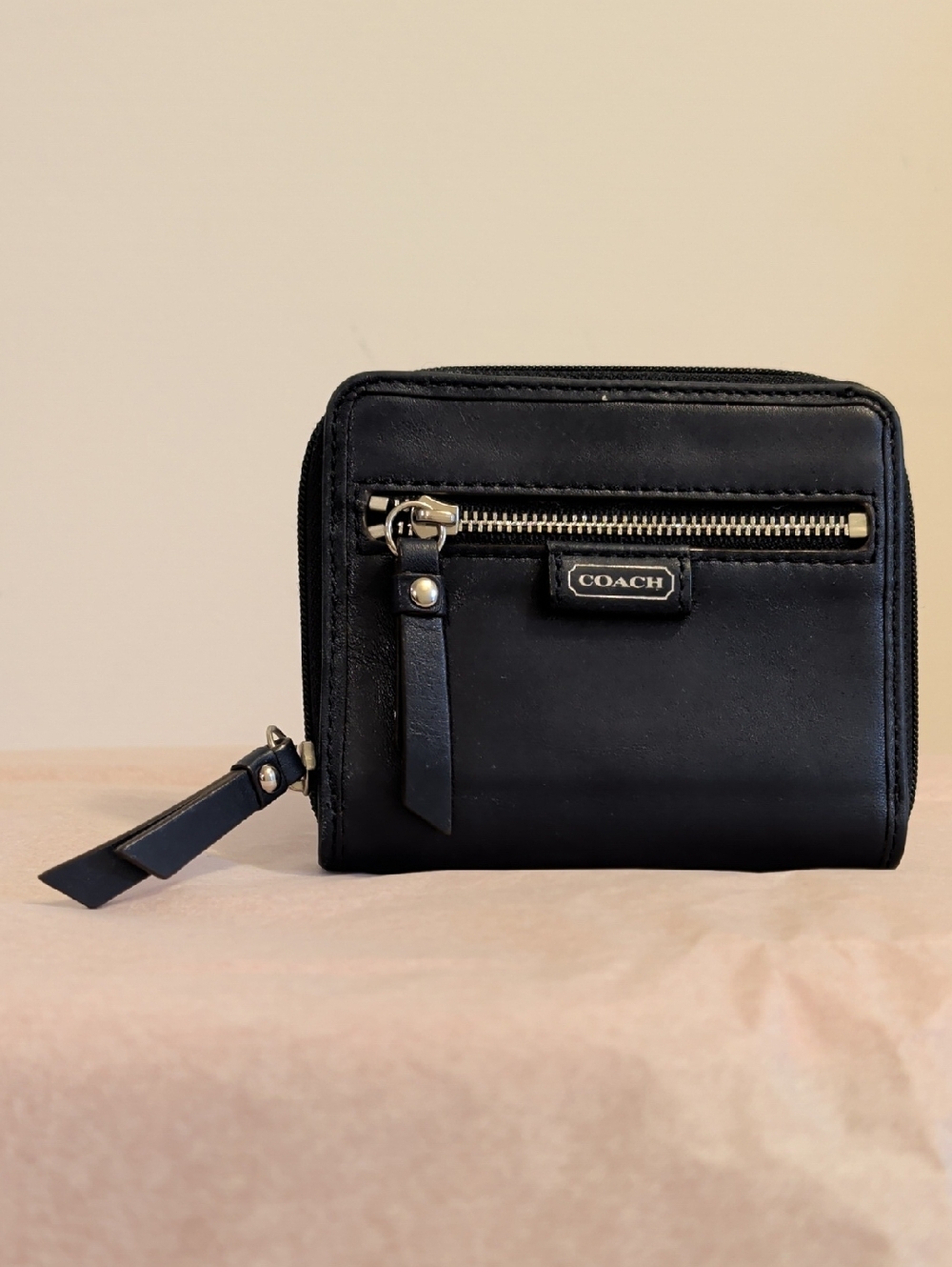 Coach Navy Blue Leather Compact Zip-Around Wallet with Front Zip Pocket